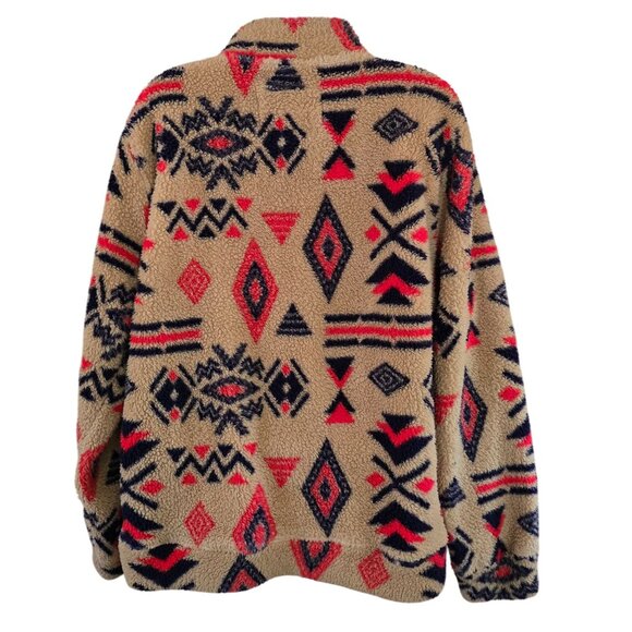 Vintage Aztec Fleece Sherpa Pullover Jacket Tan & Red Geometric Pattern Cozy War - Picture 2 of 4